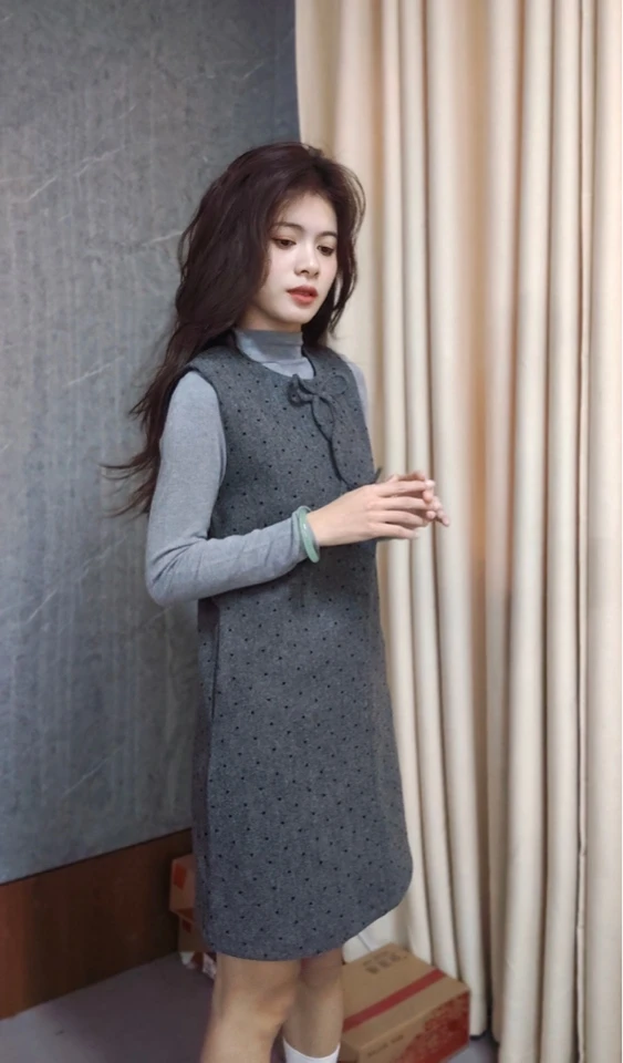 韩系小香风蝴蝶结波点背心连衣裙➕打底上衣套装 1287-1