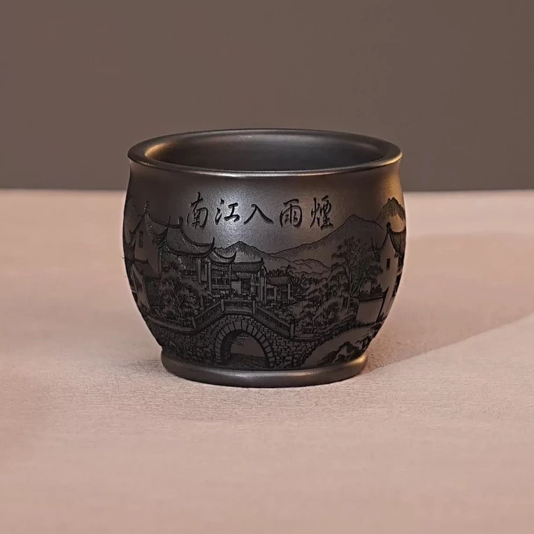 宜兴原矿紫砂纯手工手绘大容量石黄烟雨入江南紫砂主人杯