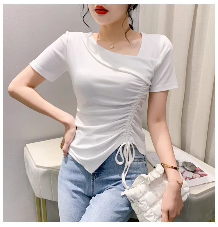 大码白色设计感不规则斜领短袖T恤女夏季新款遮肉独特别致小上衣
