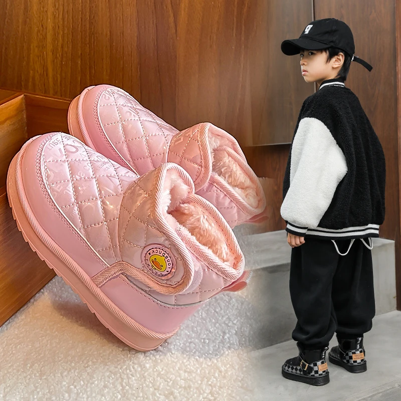 冬季棉鞋男女宝宝加绒加厚大棉PU皮面防水保暖防滑室外儿童雪地靴