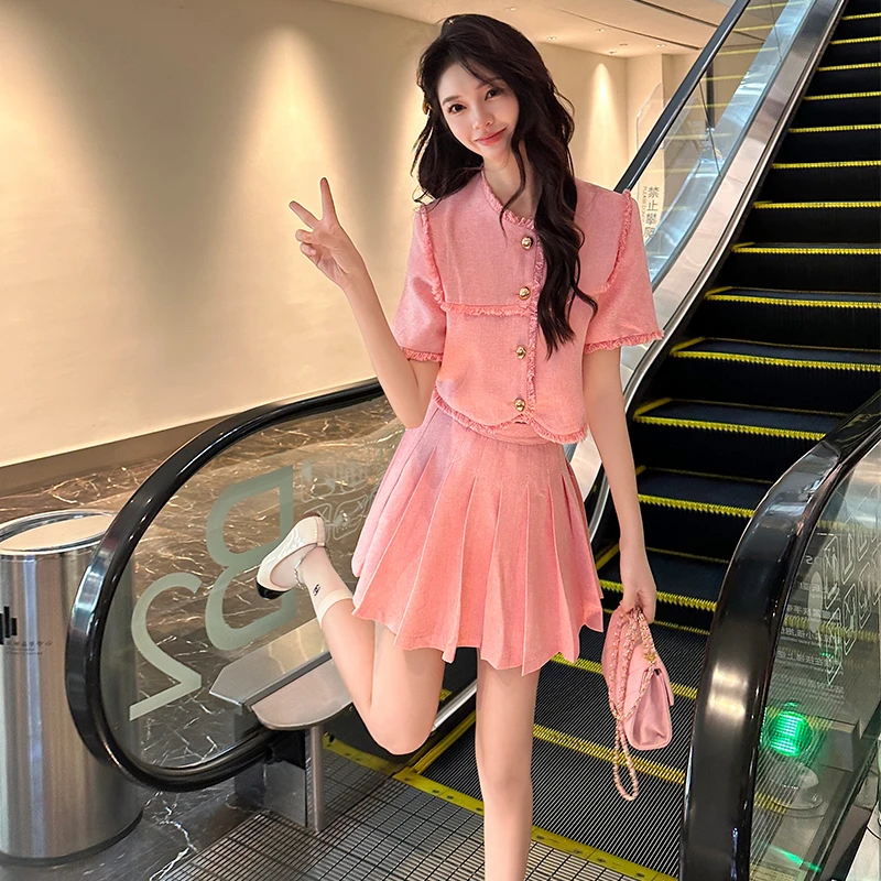 夏季小香风高档时尚韩版套装裙遮肉百褶裙设计感小个子两件套短裙