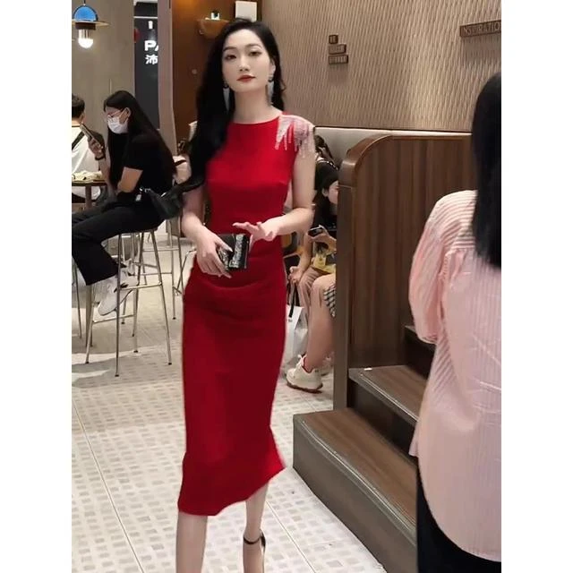 法式复古无袖流苏连衣裙女夏季欧货收腰显瘦包臀遮肚过膝中长裙