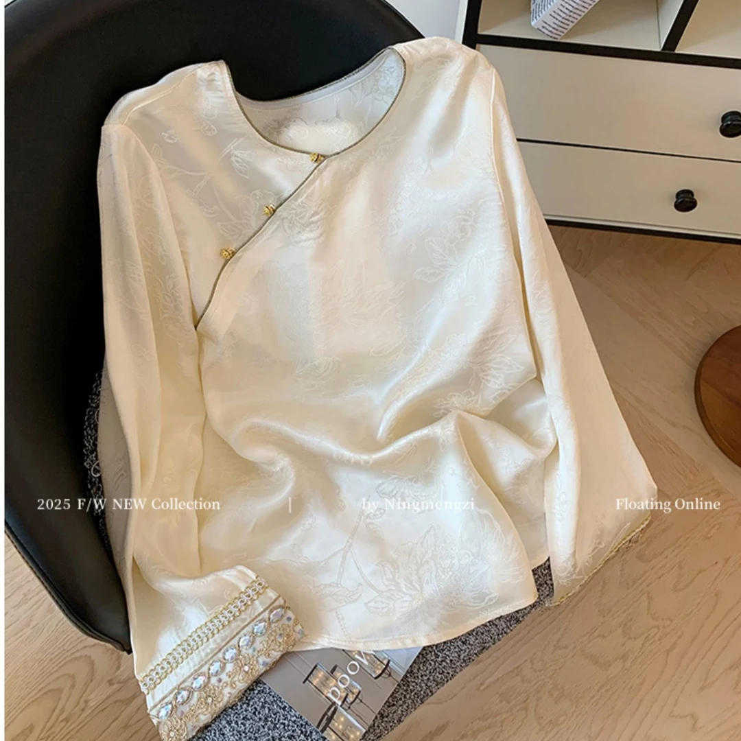 缎面新中式提花斜襟刺绣衬衫女2025早春新款气质时髦国风内搭上衣