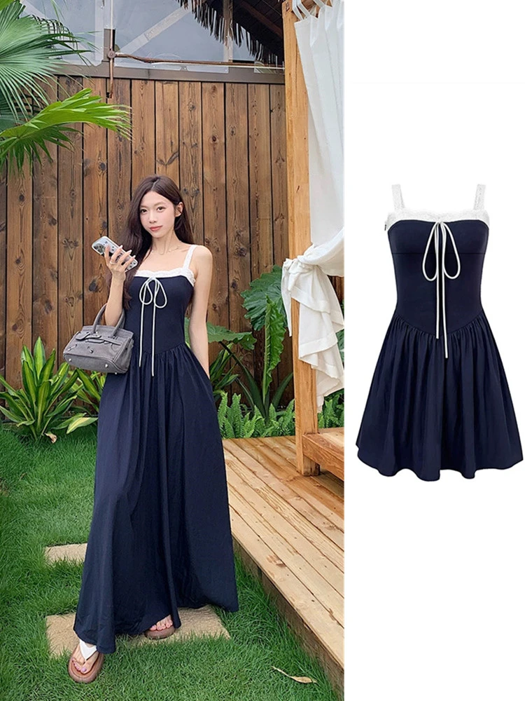 蕾丝拼接绑带吊带裙女夏季法式设计感收腰显瘦a字连衣裙长裙子