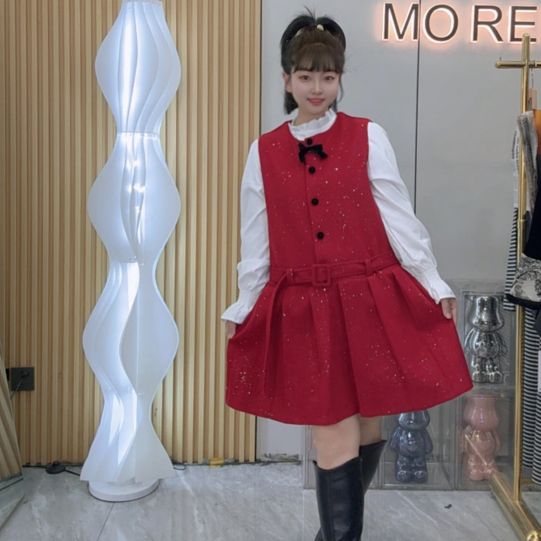 秋冬小香风蝴蝶结毛呢背心裙+波点打底衬衫时尚显瘦套