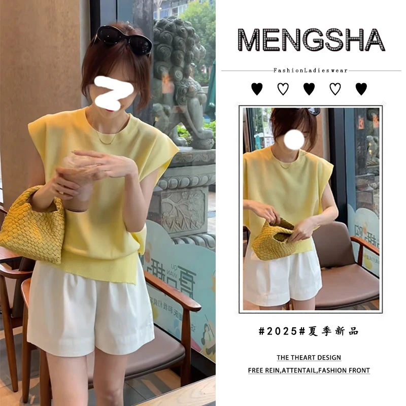 夏季穿搭一整套女2025新款时尚设计感短袖高腰休闲阔腿短裤两件套
