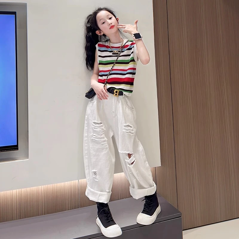 2025炸街女童夏装套装女孩大童夏季韩版破洞牛仔裤儿童多巴胺穿搭