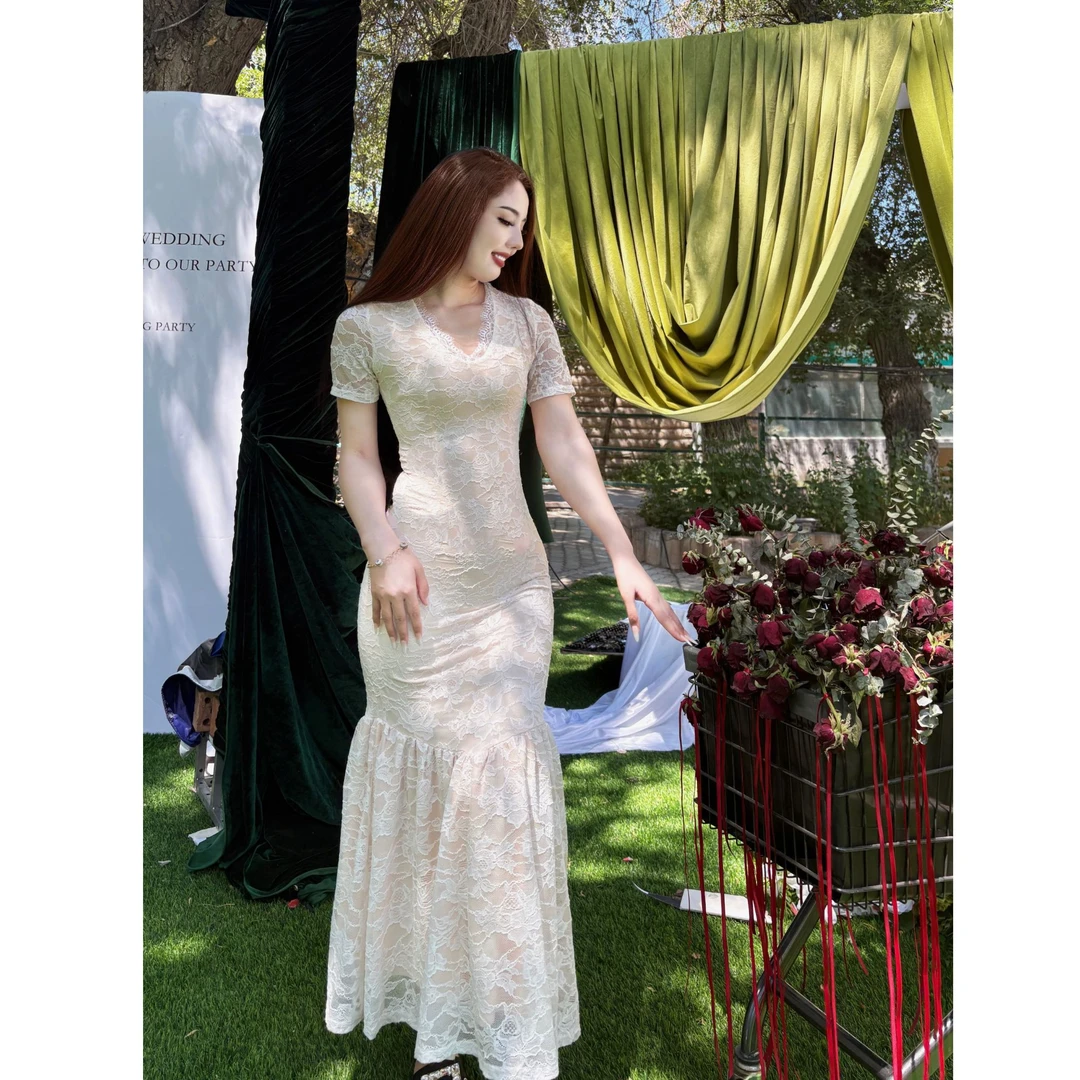 5752蕾丝气质名媛长裙V领千金复古女装连衣裙