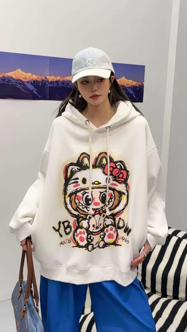 女装长袖印花冬季卫衣时尚卡通动漫加绒慵懒风连帽