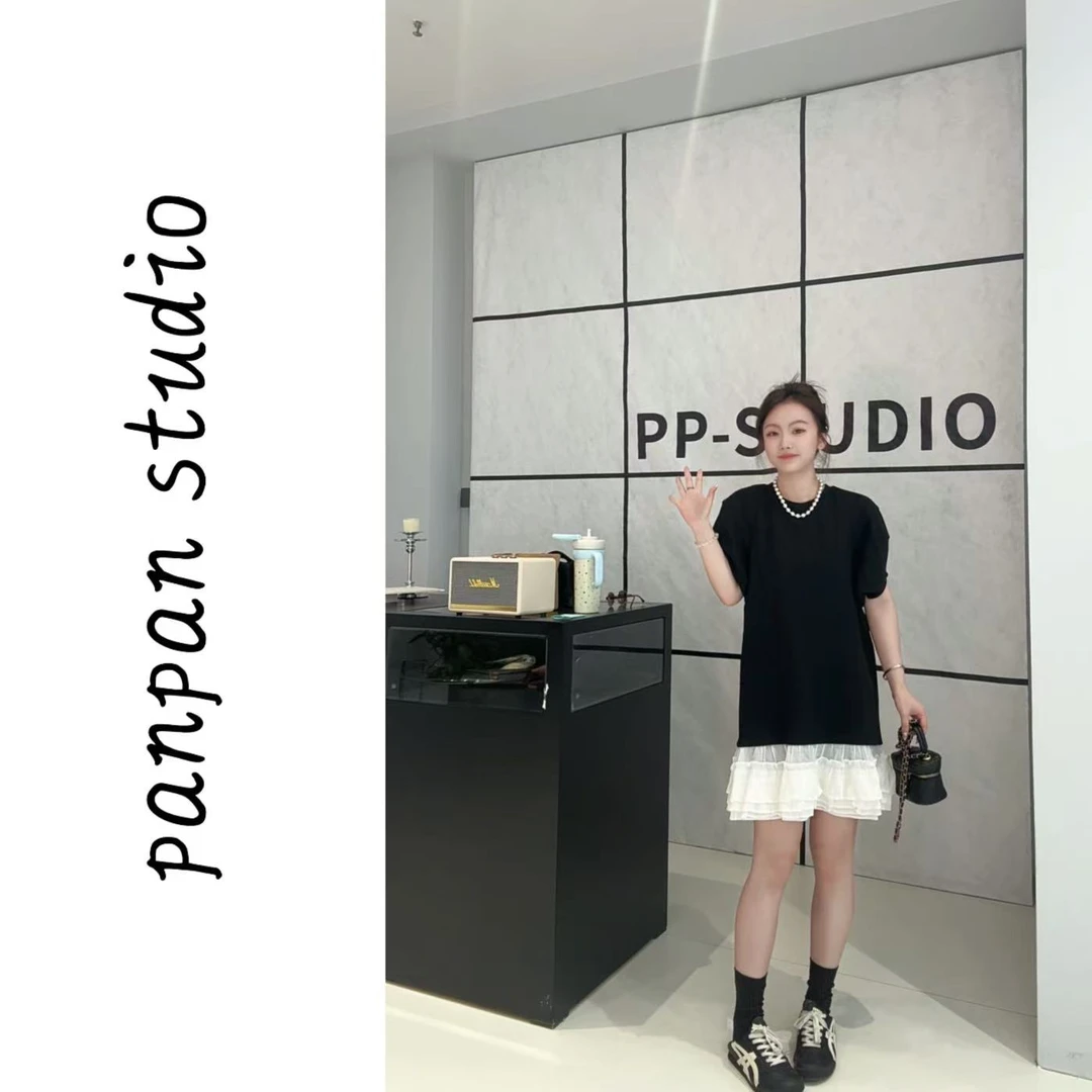 2025夏季新款设计感袖子拼色多层荷叶边下摆A字连衣裙