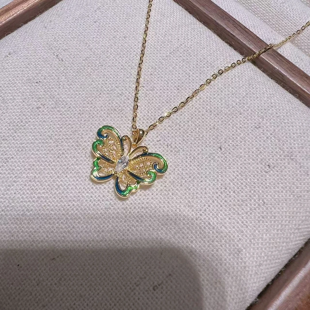 坠链均925银 旺莱 892 滴胶镂空蝴蝶镀金色小排链X83268806 凤选