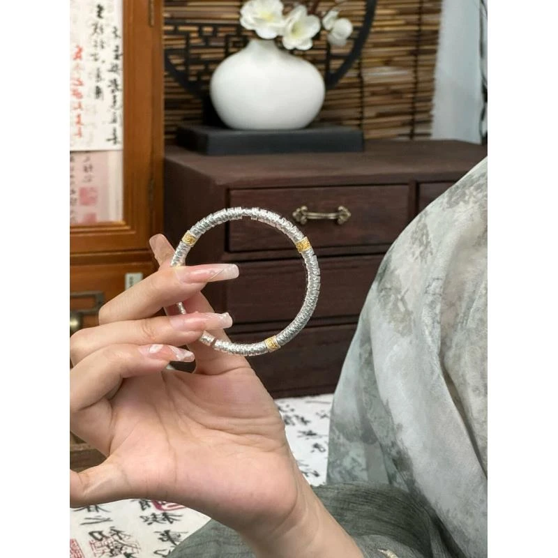 足银手镯 999.9古法腰缠万贯唐草纹盘缠锤纹描金实心手镯轻奢招财