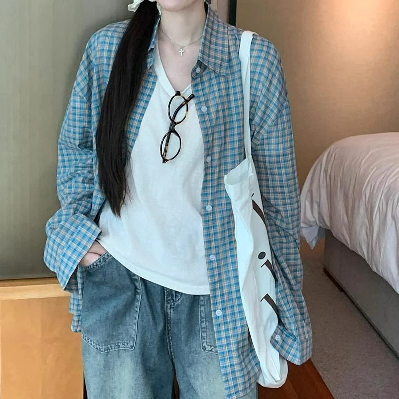 蓝格子衬衫女夏薄款韩系复古慵懒风宽松休闲长袖衬衣防晒上衣外套