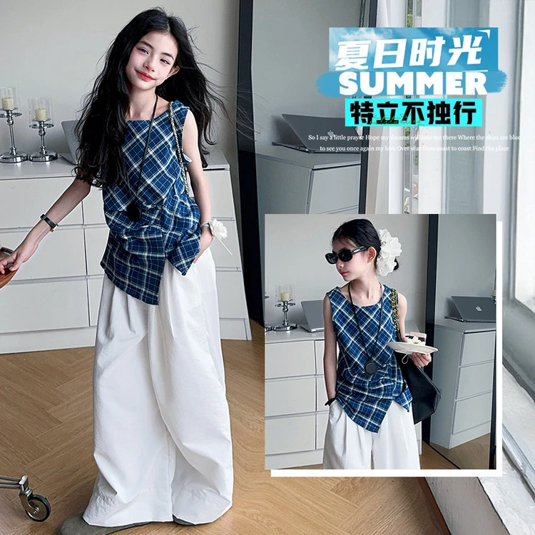 女童夏装时尚两件套2025中大童炸街不规则开叉背心上衣阔腿裤潮牌