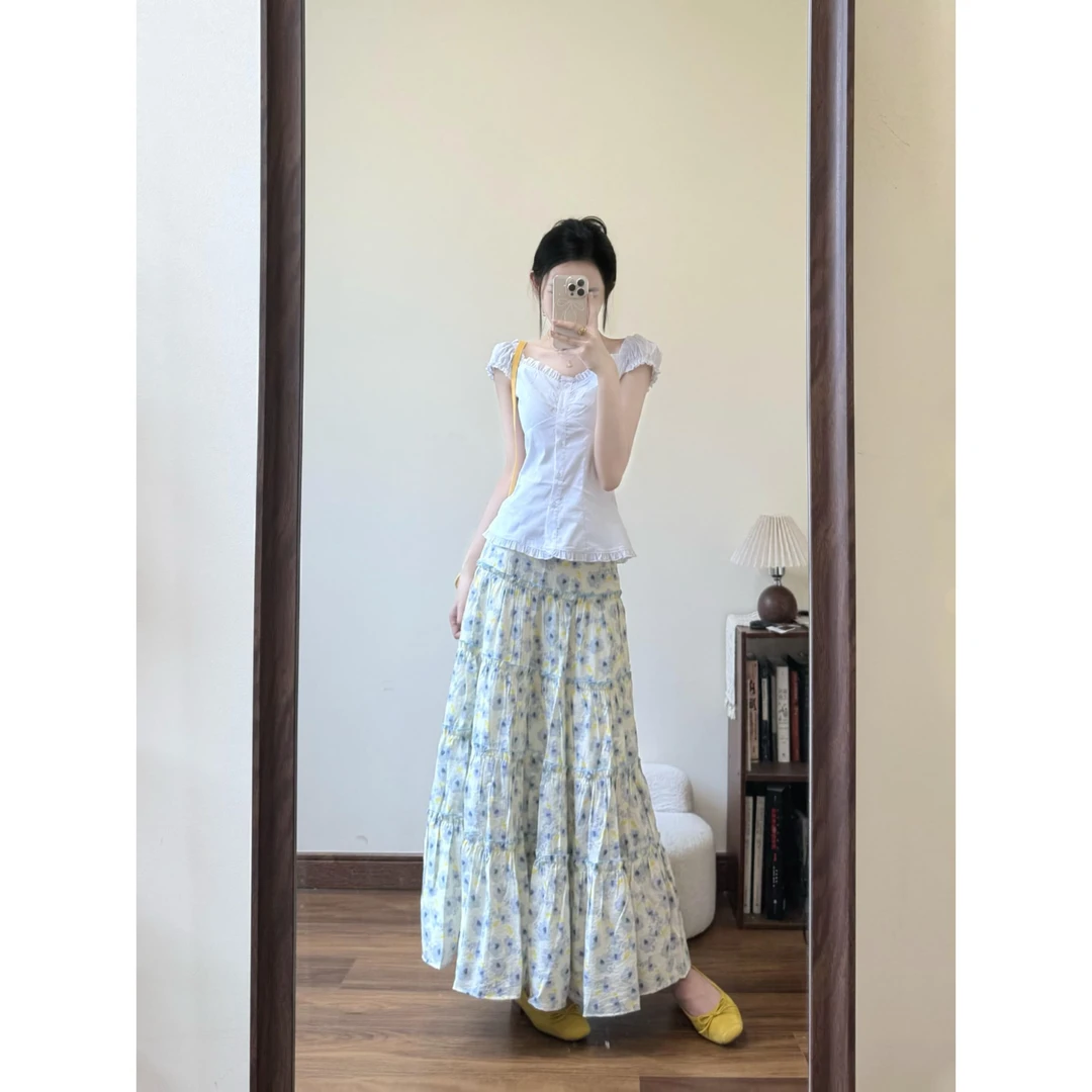 法式辣妹修身荷叶边飞飞袖上衣高腰碎花蛋糕半身裙套装