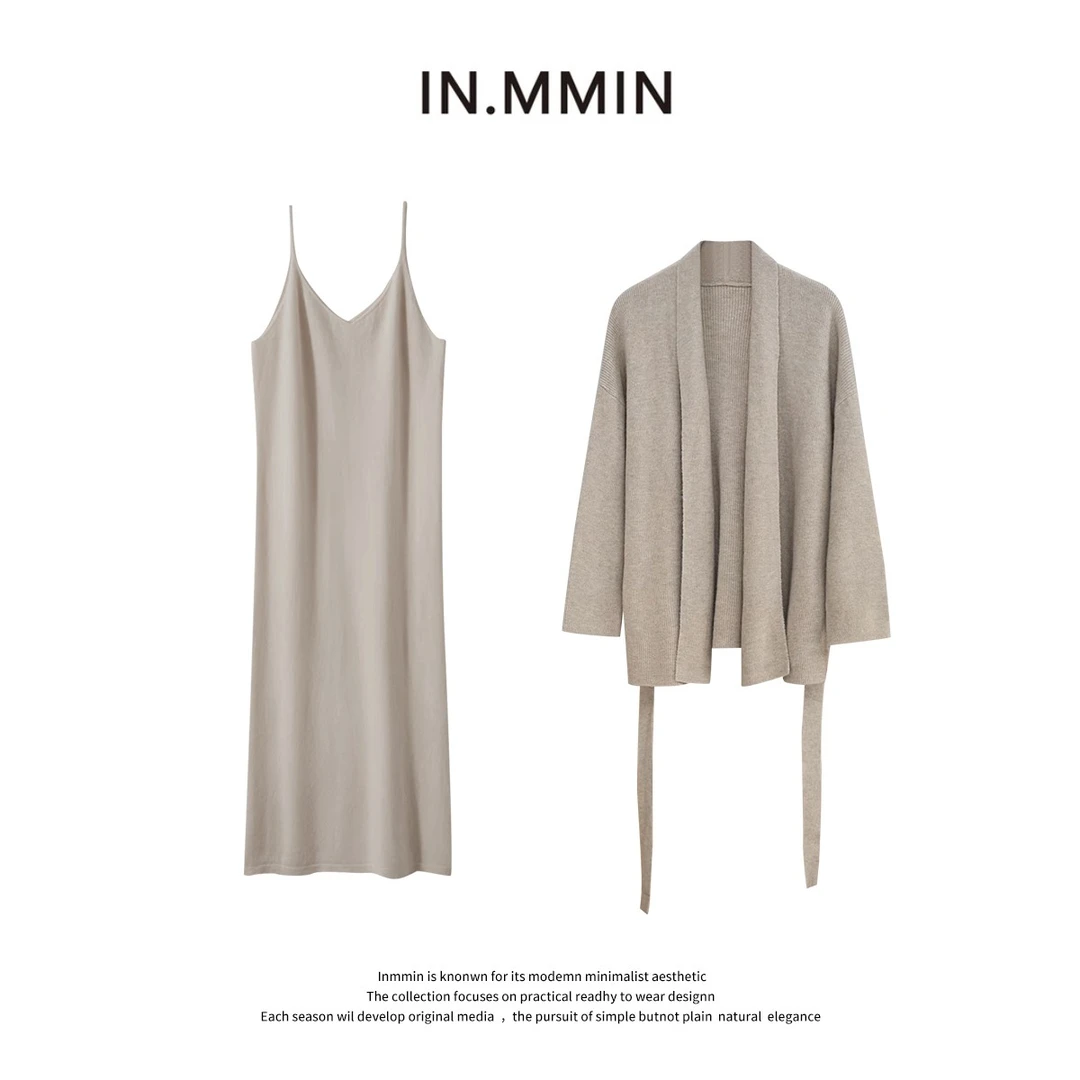 INMMIN秋冬羊毛女气质慵懒休闲系带开衫外套+连衣裙两件套