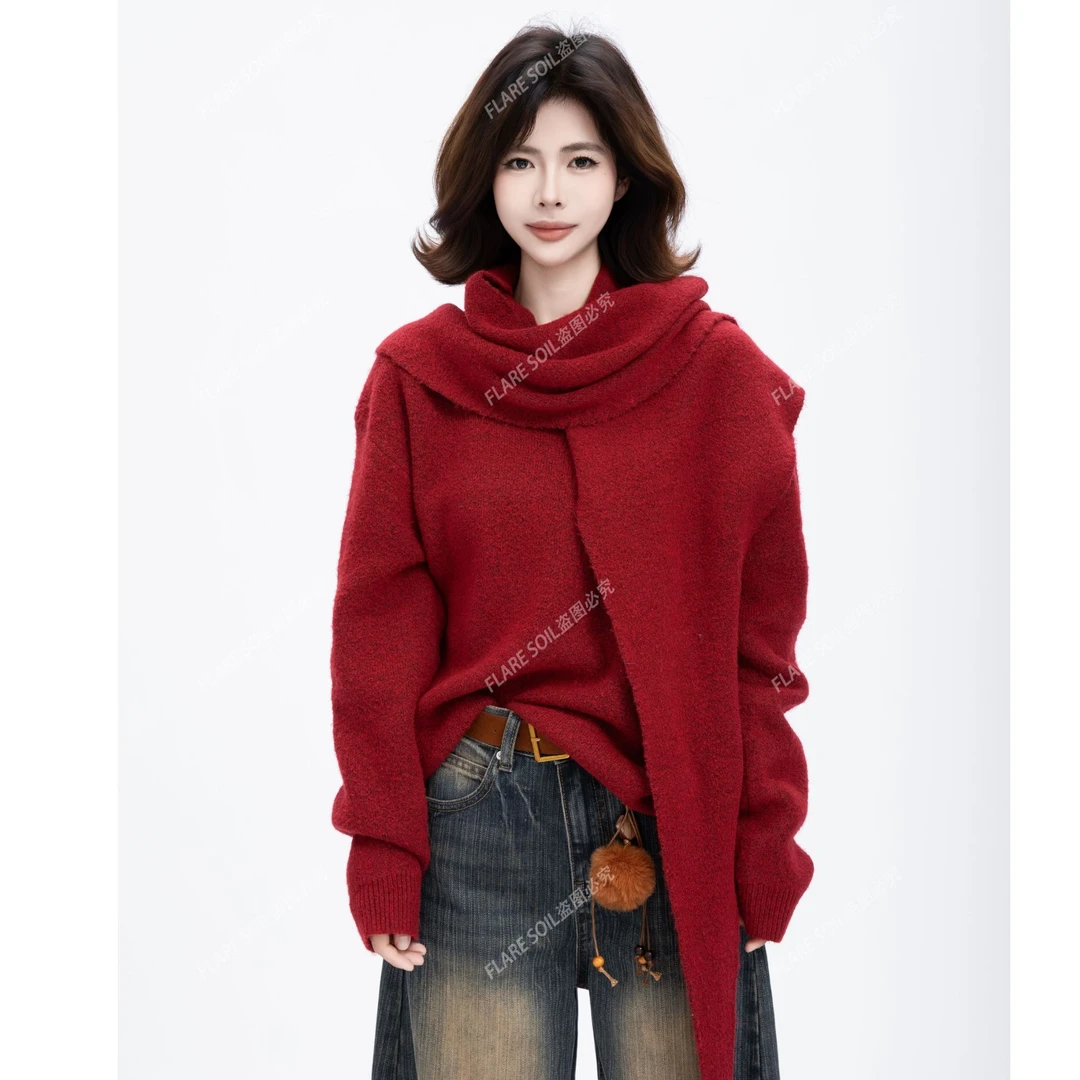 【FLARE SOIL】V领针织冬系韩版套头毛衣带绒感披肩围巾 T4744A