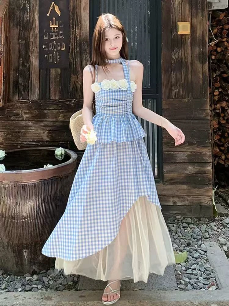 夏季A字裙镂空吸汗露肩中长裙连衣裙收腰蕾丝名媛法式气质显瘦