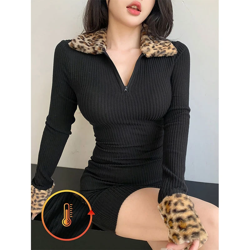黑色针织豹纹长袖连衣裙女2025秋季新款辣妹时尚修身包臀短款裙子