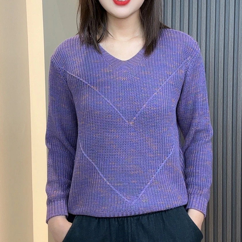 洋气宽松显瘦花萝彩线针织衫女长袖镂空百搭套头毛衣打底衫