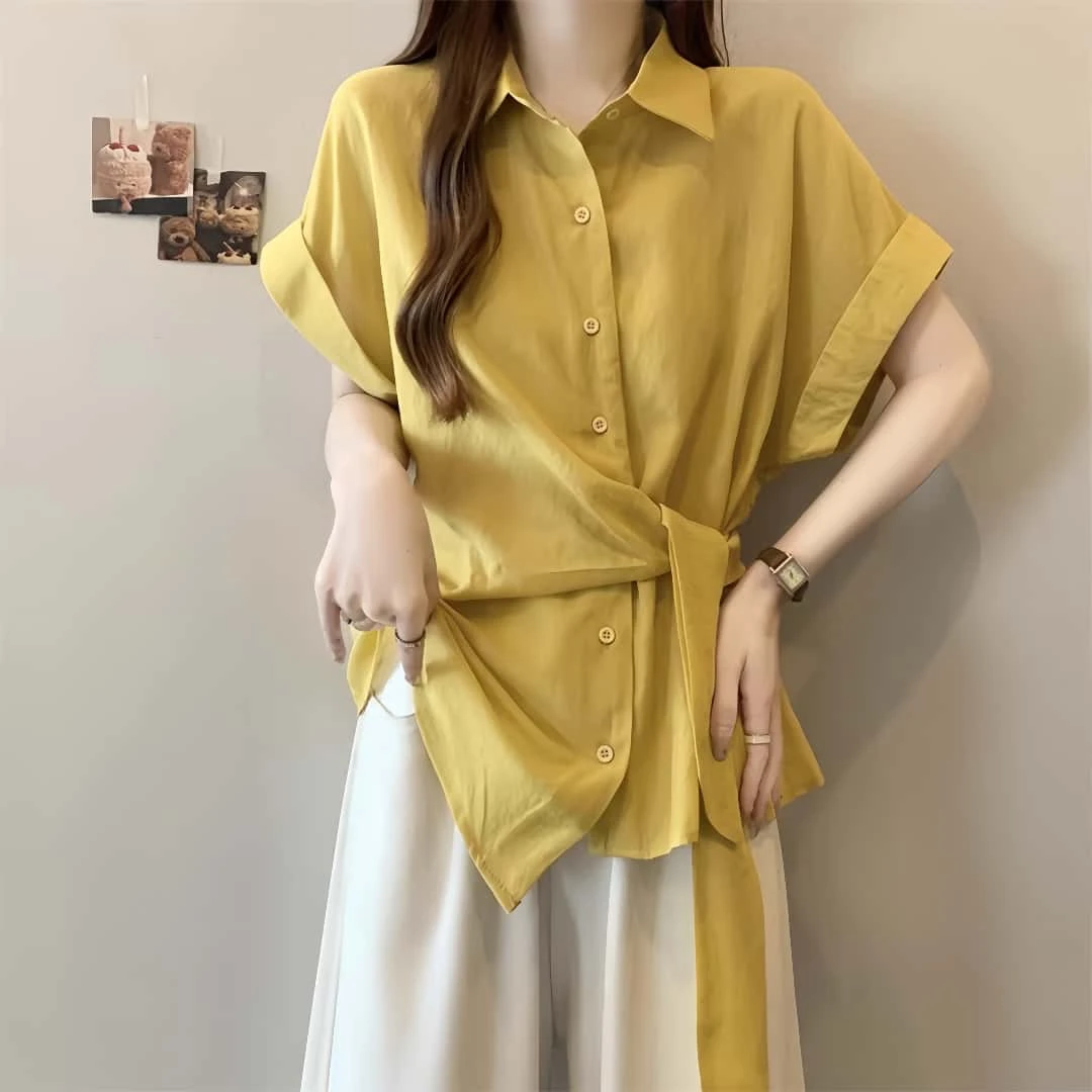 黄色正肩短袖衬衫女2025夏季新款大码胖mm收腰不规则绑带显瘦上衣