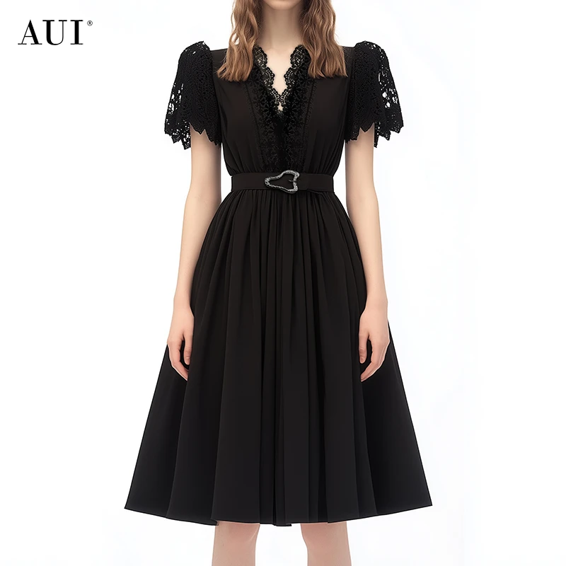 【诗语专属】AUI黑色蕾丝短袖连衣裙收腰显瘦大摆裙-25X019577
