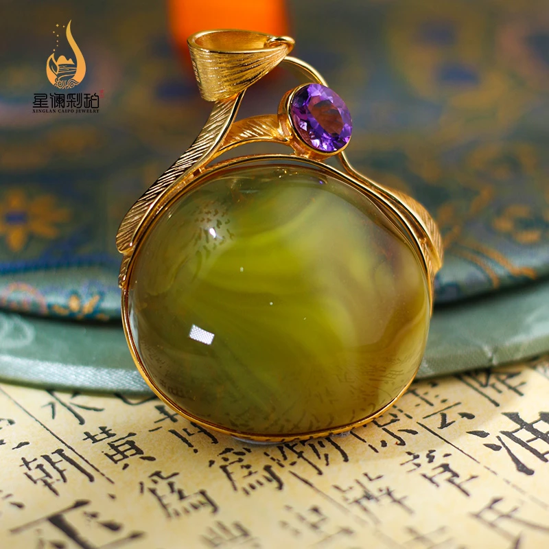 【孤品·绿珀】S925银镶嵌天然蜜蜡吊坠（无珠宝胶）