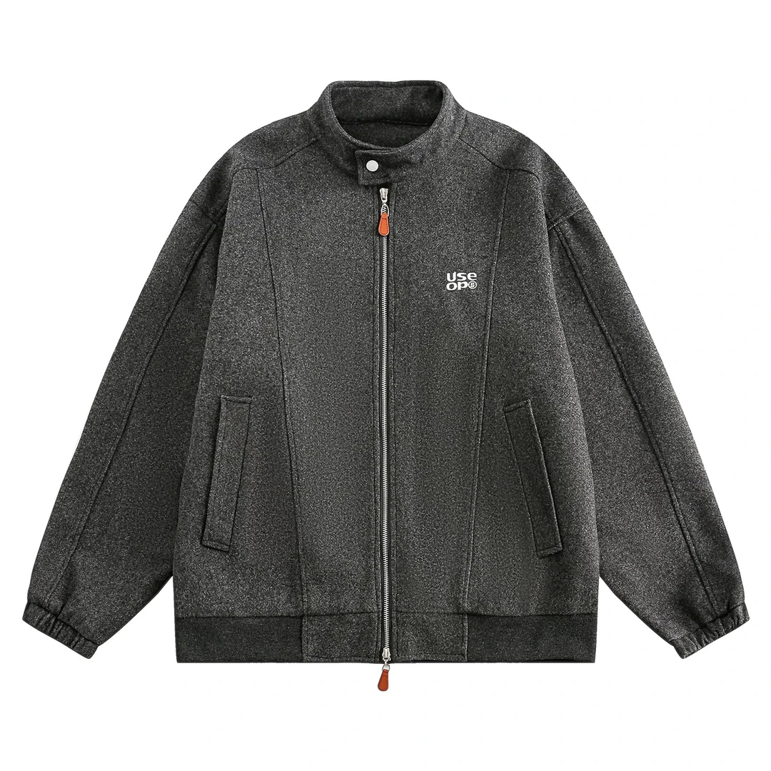 【醒醒】美式慵懒chic毛呢外套春秋字母刺绣上衣立领夹克J211