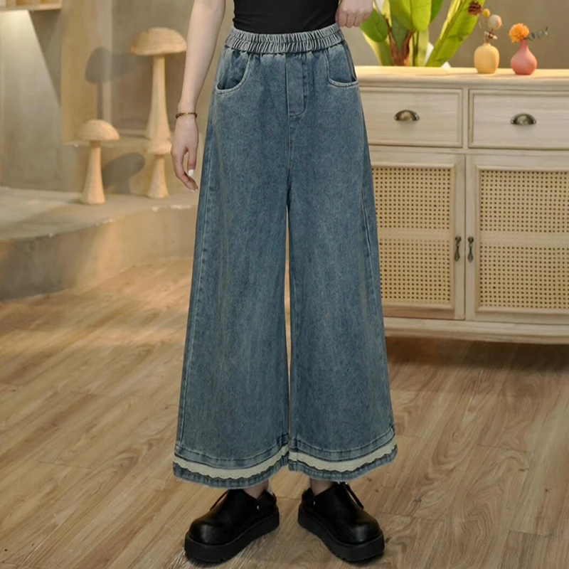 6687 复古文艺裤脚蕾丝边牛仔直筒裤宽松百搭阔腿裤