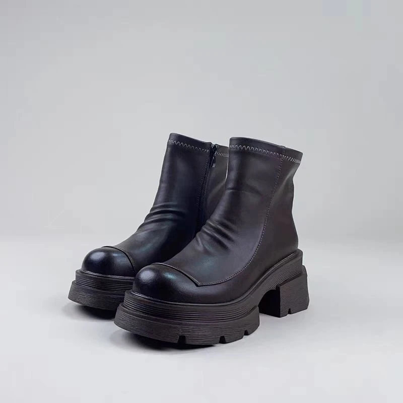 松糕厚底马丁靴女秋冬新款百搭粗跟英伦风短靴子50298