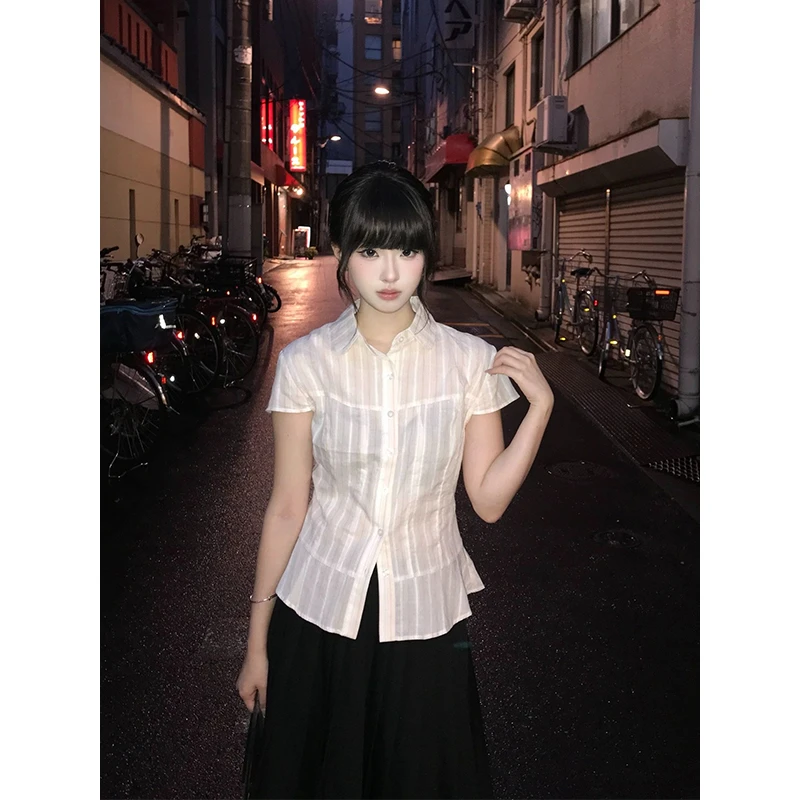 韩系学院风条纹翻领衬衫套装女2025夏季不规则修身显瘦裙子两件套
