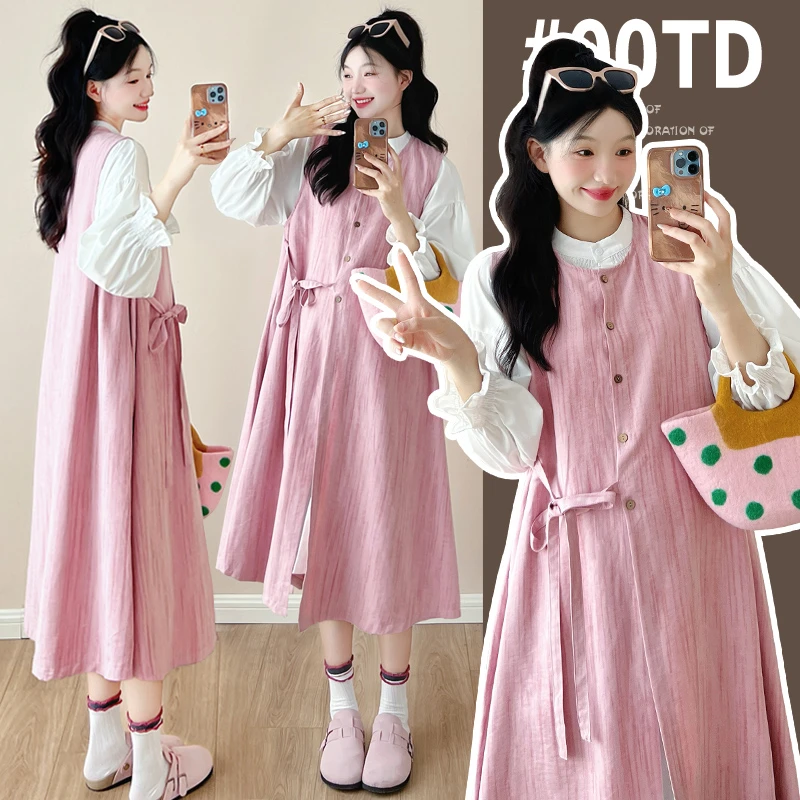 2025年时尚新款网红孕妇装大码孕妇两件套长款衬衫长款马甲裙子
