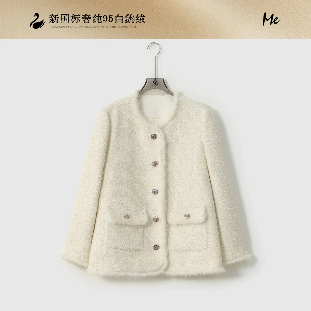 ME【暮亭雪】水貂毛条95白鹅绒外套女士百搭小香风羽绒服MEQA3068