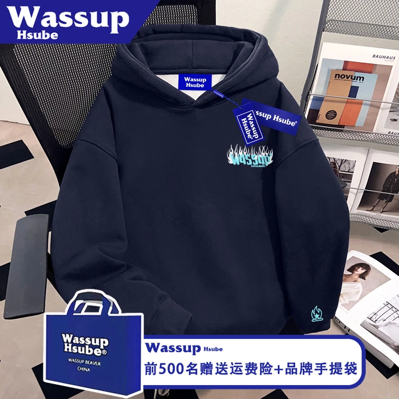 WASSUP HSUBE秋潮酷风火苗字母印花男女国潮上衣藏青连帽套头卫衣