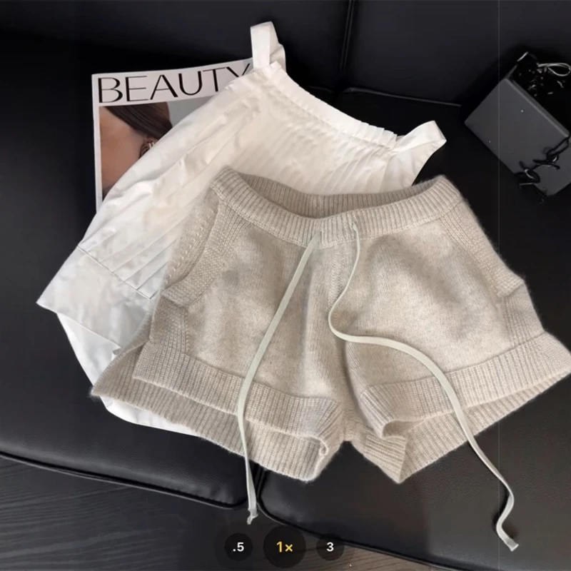 燕麦色针织休闲短裤女2025秋季新款韩版高腰显瘦a字阔腿裤毛线裤