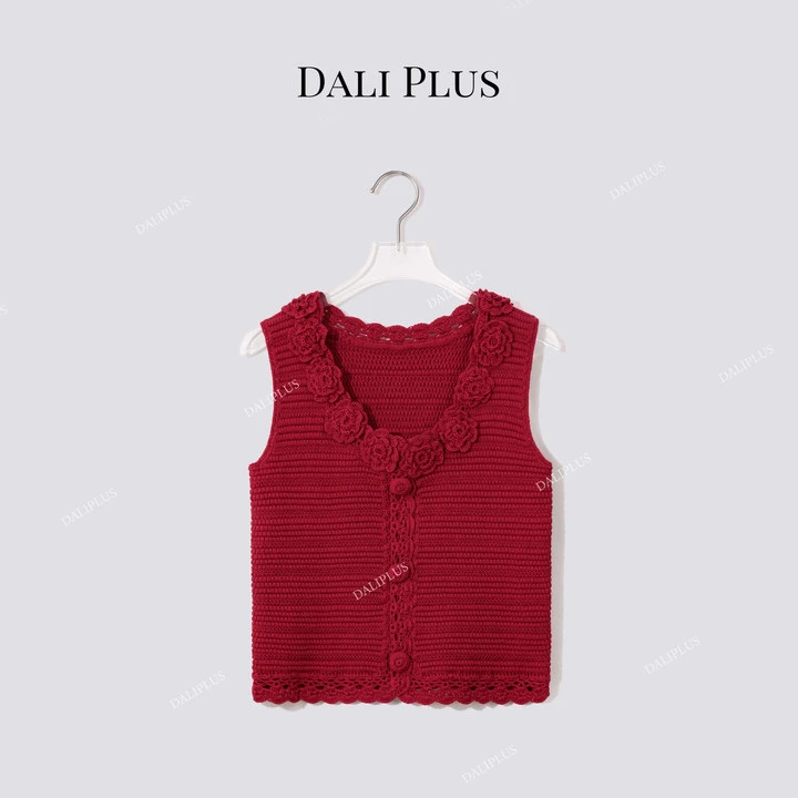 DALI PLUS棉质红色钩花背心针织-D5MM2435