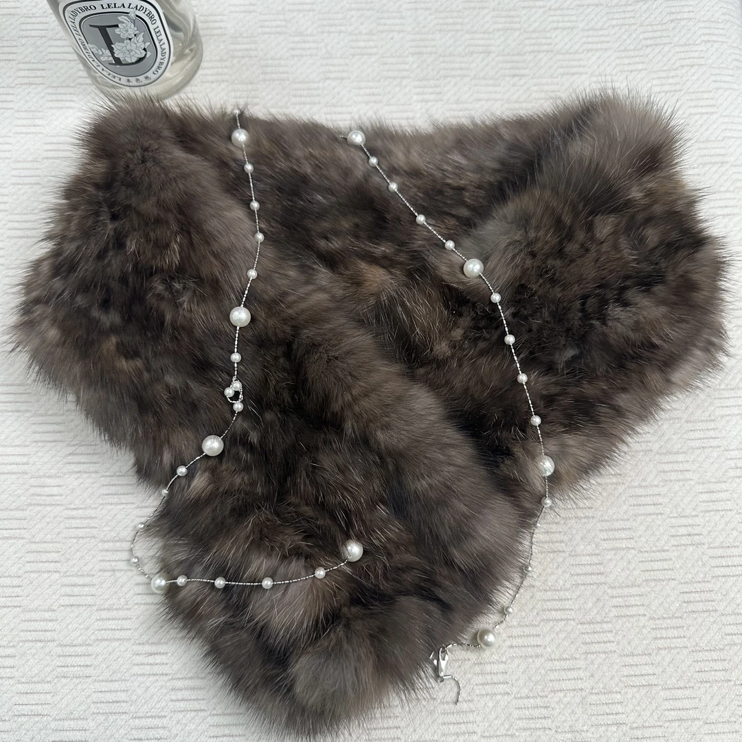 俄罗斯进口貂手工编织直板围巾天然皮毛气质款冬季必备顺滑亲肤