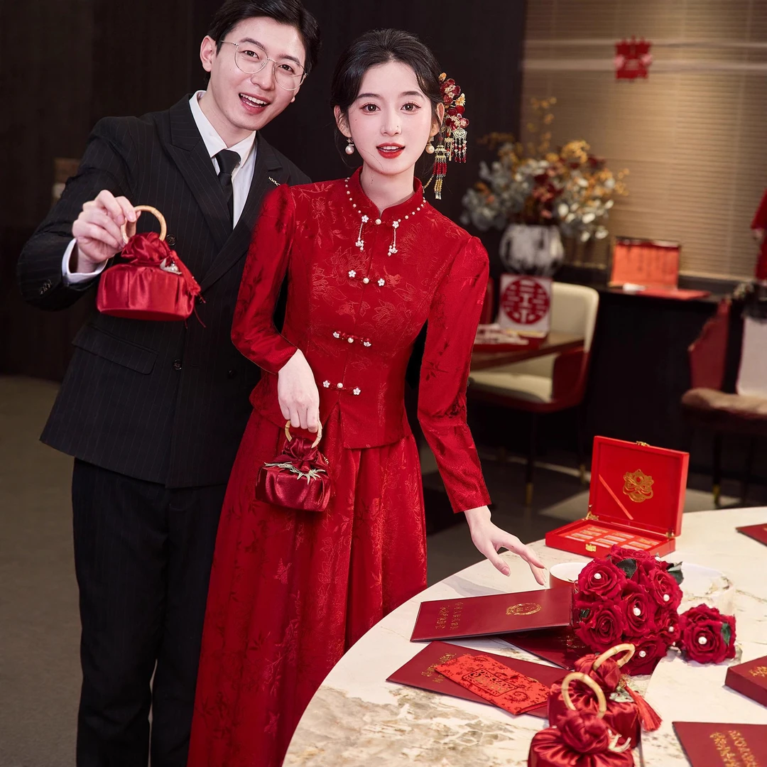 订婚结婚旗袍遮肚大码显瘦婚礼敬酒服秋冬款新中式粉色礼服冬季
