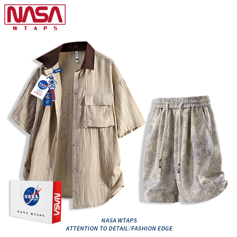 NASA WTAPS休闲运动套装夏季男宽松冰丝透气潮牌两件套高级感衬衫