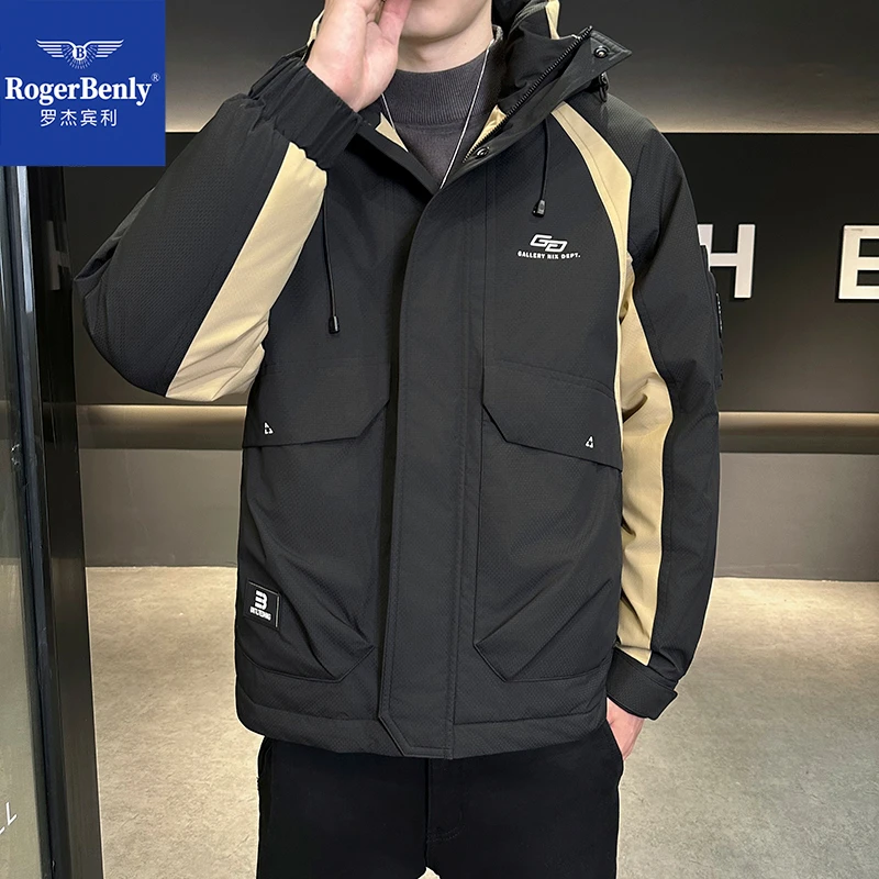 罗杰宾利撞色连帽羽绒服男短款2025新款冬季潮牌时尚外套866658