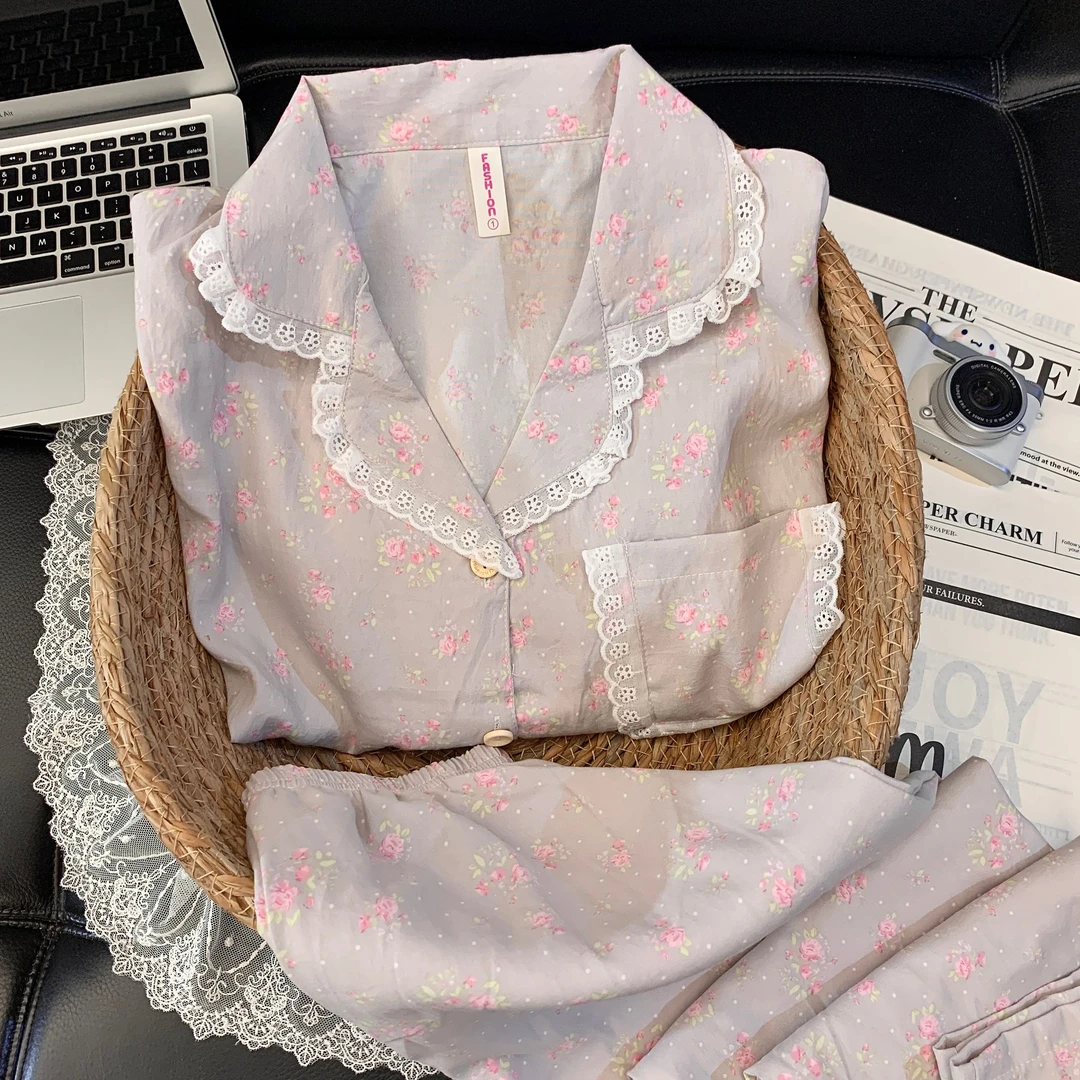【花边高贵紫】春秋云朵绵长袖温柔ins睡衣女韩版家居服套装