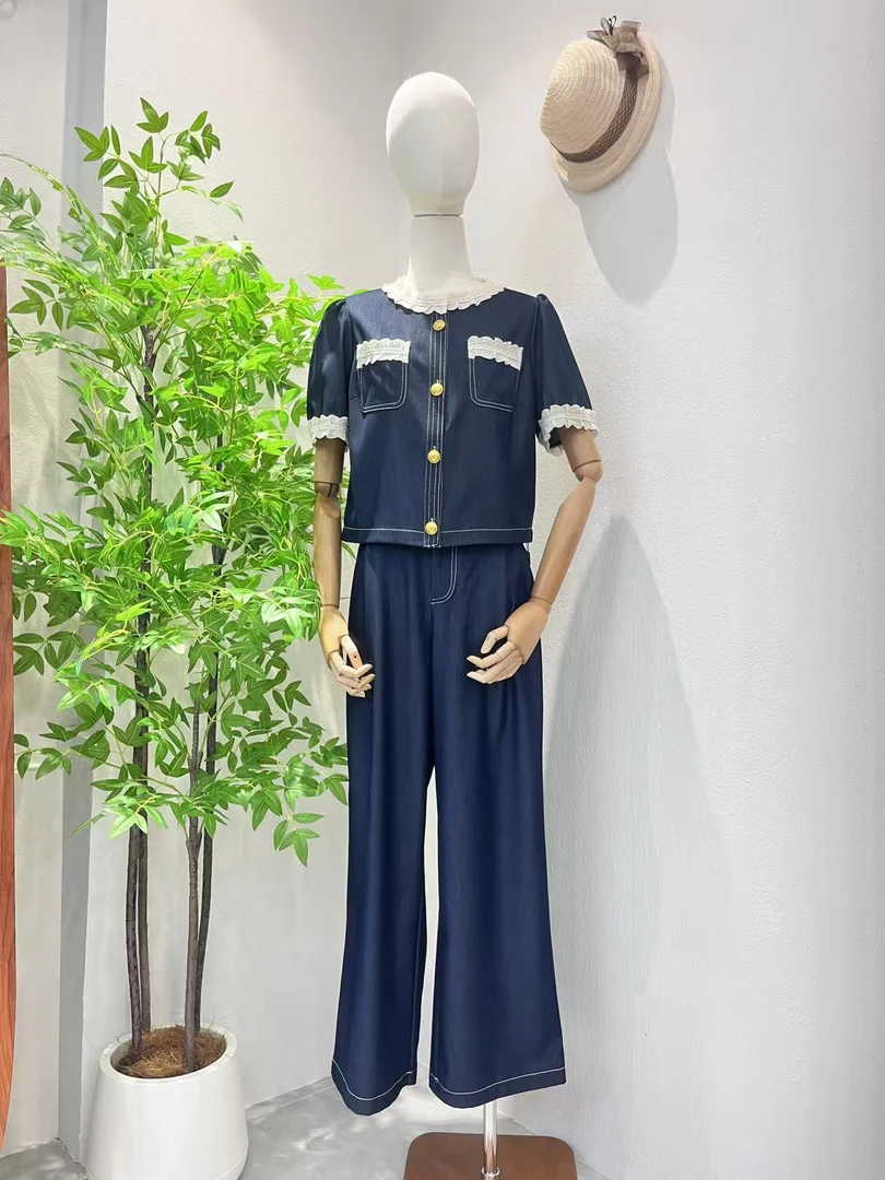 夏季新款蕾丝拼接短袖上衣搭配阔腿长裤套装