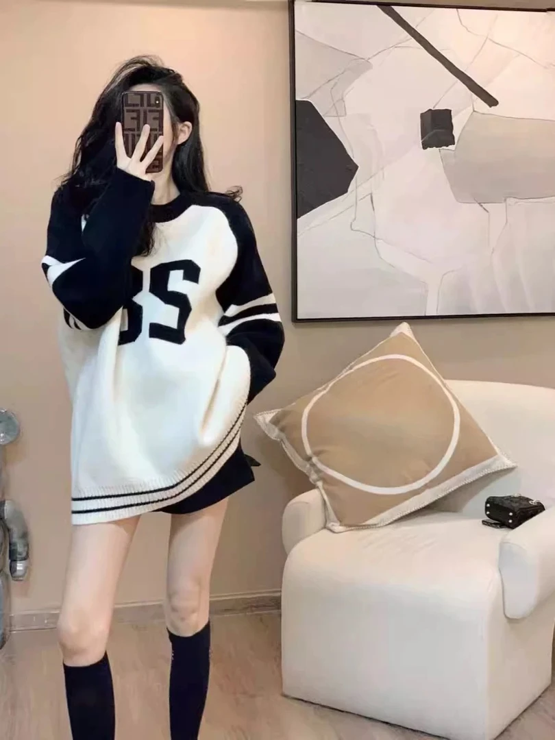 黑白假两件慵懒风卫衣女春秋冬撞色圆领设计感百搭条纹休闲上衣