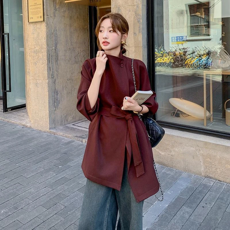 实拍安可拉红立领风衣外套女春秋装2025新款高级感气质轻熟风现货
