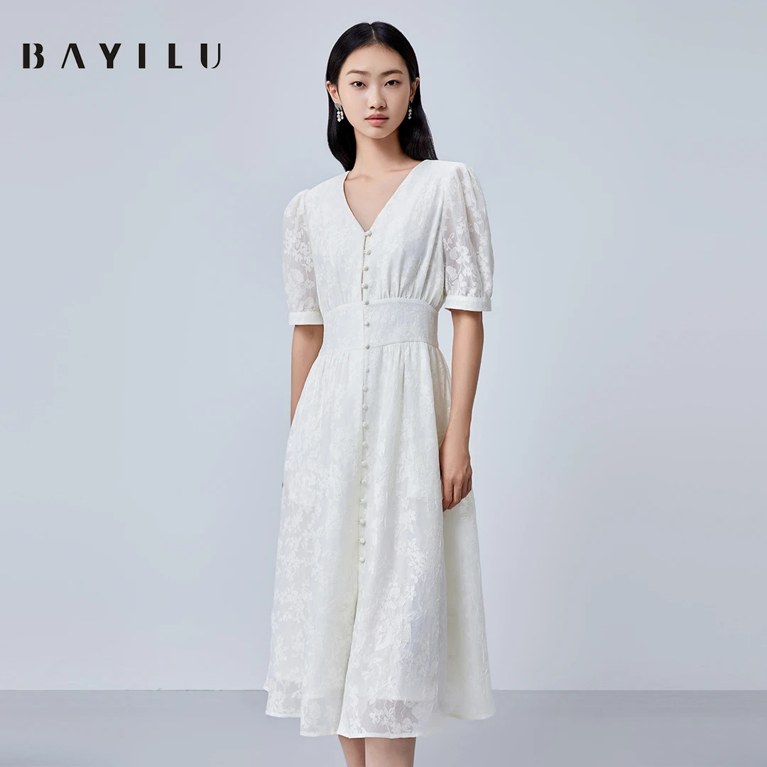【品牌】芭依璐2025夏季连衣裙女法式提花v领长裙90L7920