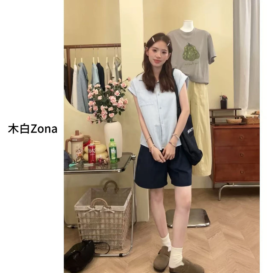 【木白】“奶冻蓝”夏季新款简约气质休闲减龄时尚短袖衬衫女装上衣