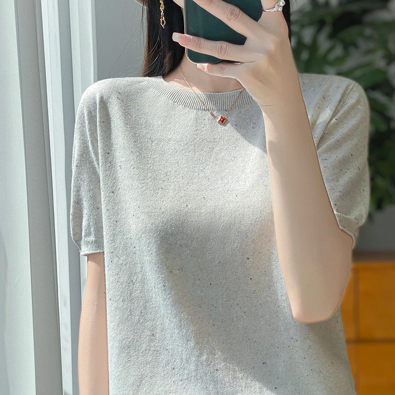 夏季气质减龄女士精纺点纱圆领短袖洋气打底衫显瘦时尚百搭薄款
