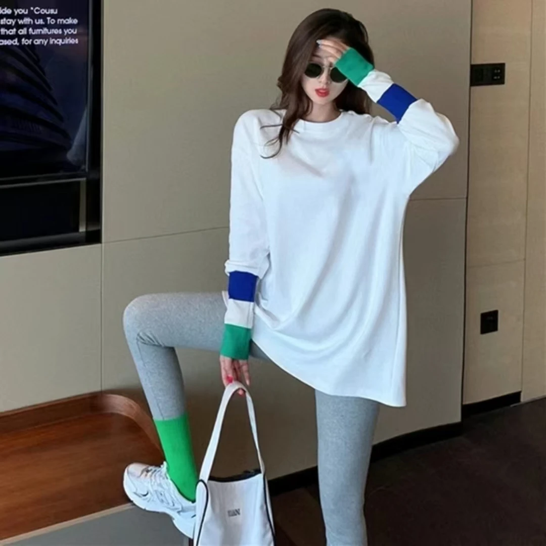 夏尔卡拉打底衫时尚宽松百搭内搭中长款t恤上衣长袖束口条纹袖