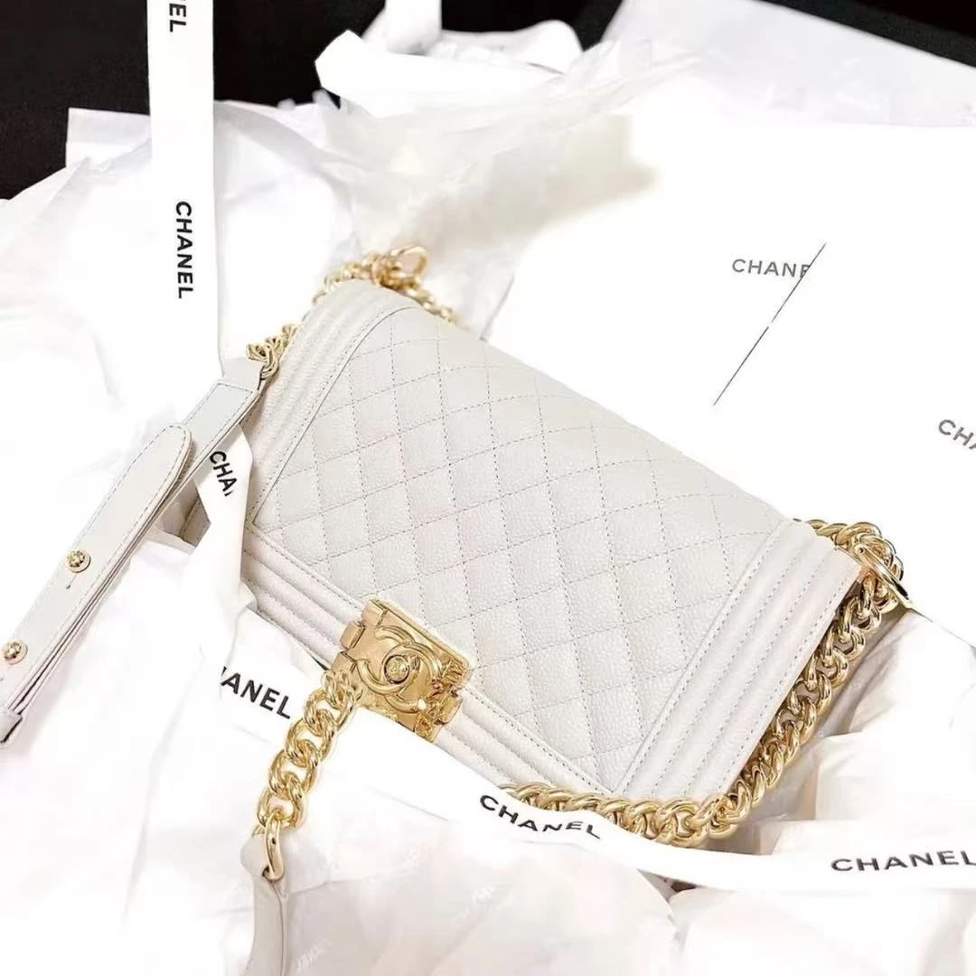 99新 Chanel/香奈儿 leboy中号奶油白金荔枝皮/优品