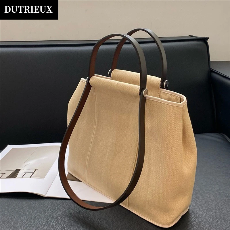 中古马术包藏青刻印通勤帆布大容量托特包牛皮肩带单肩手提包女包